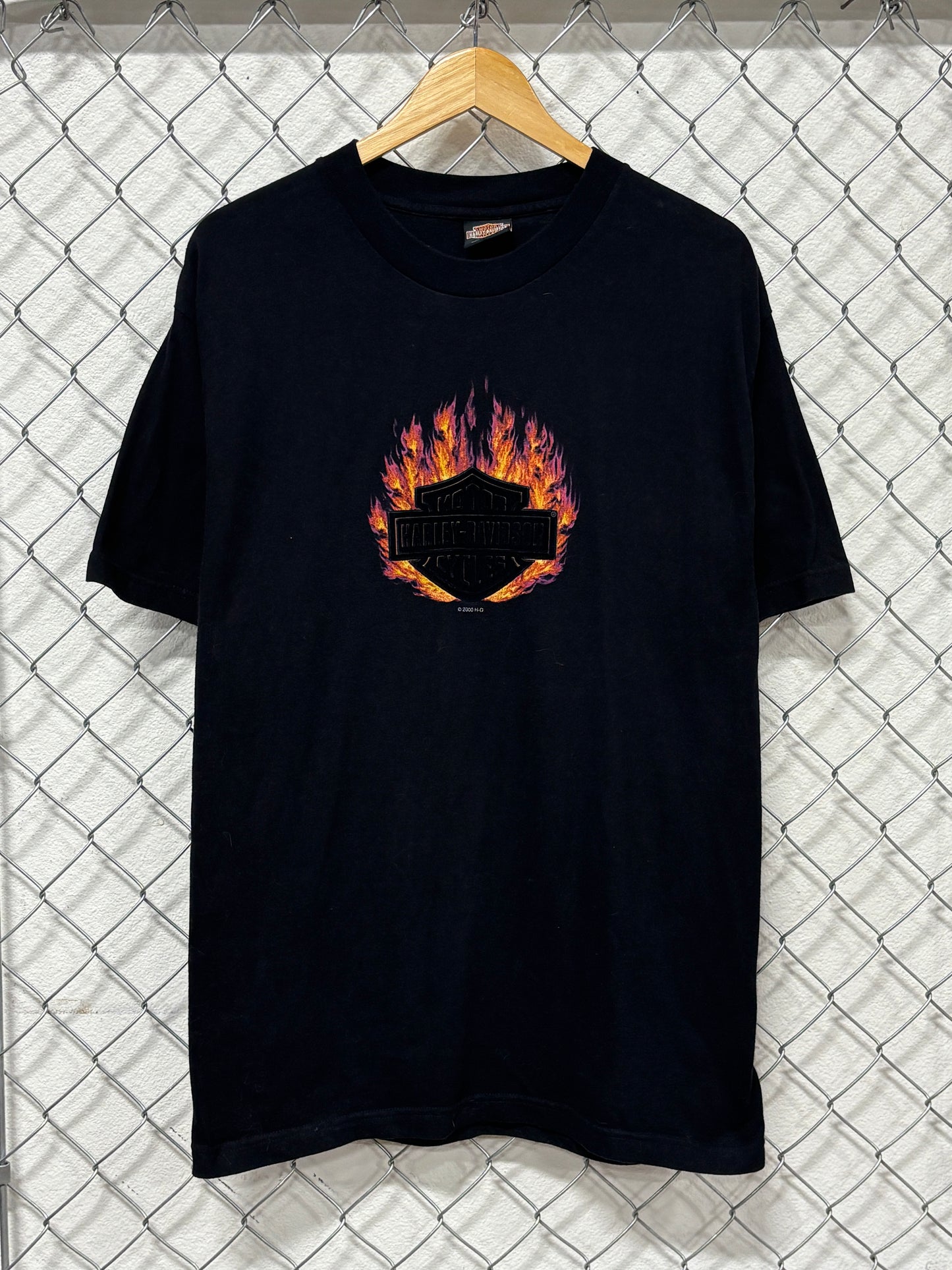 Vintage 90's Harley Davidson Felt Logo Flame Graphic Tee Size Large