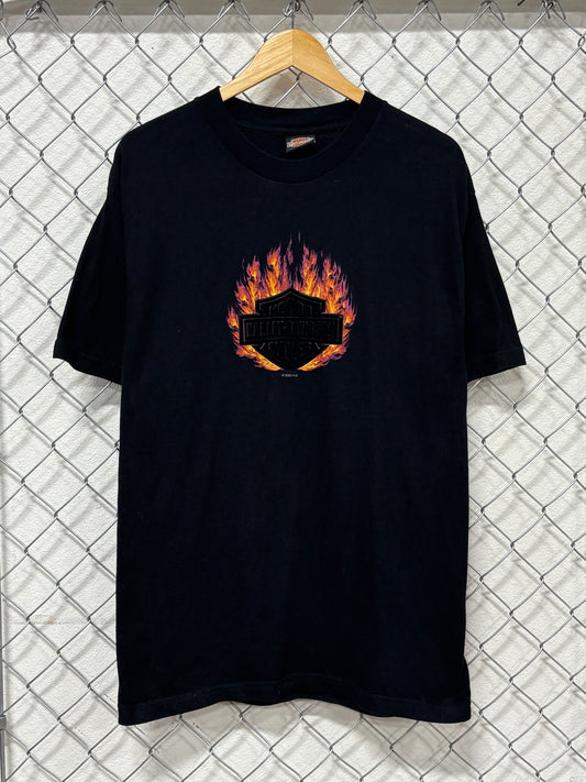 Vintage 90's Harley Davidson Felt Logo Flame Graphic Tee Size Large