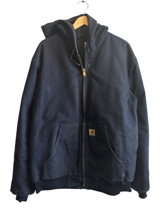 Vintage Carhartt Navy Blue J130 Hooded Zip Up Work Jacket Size XL Tall