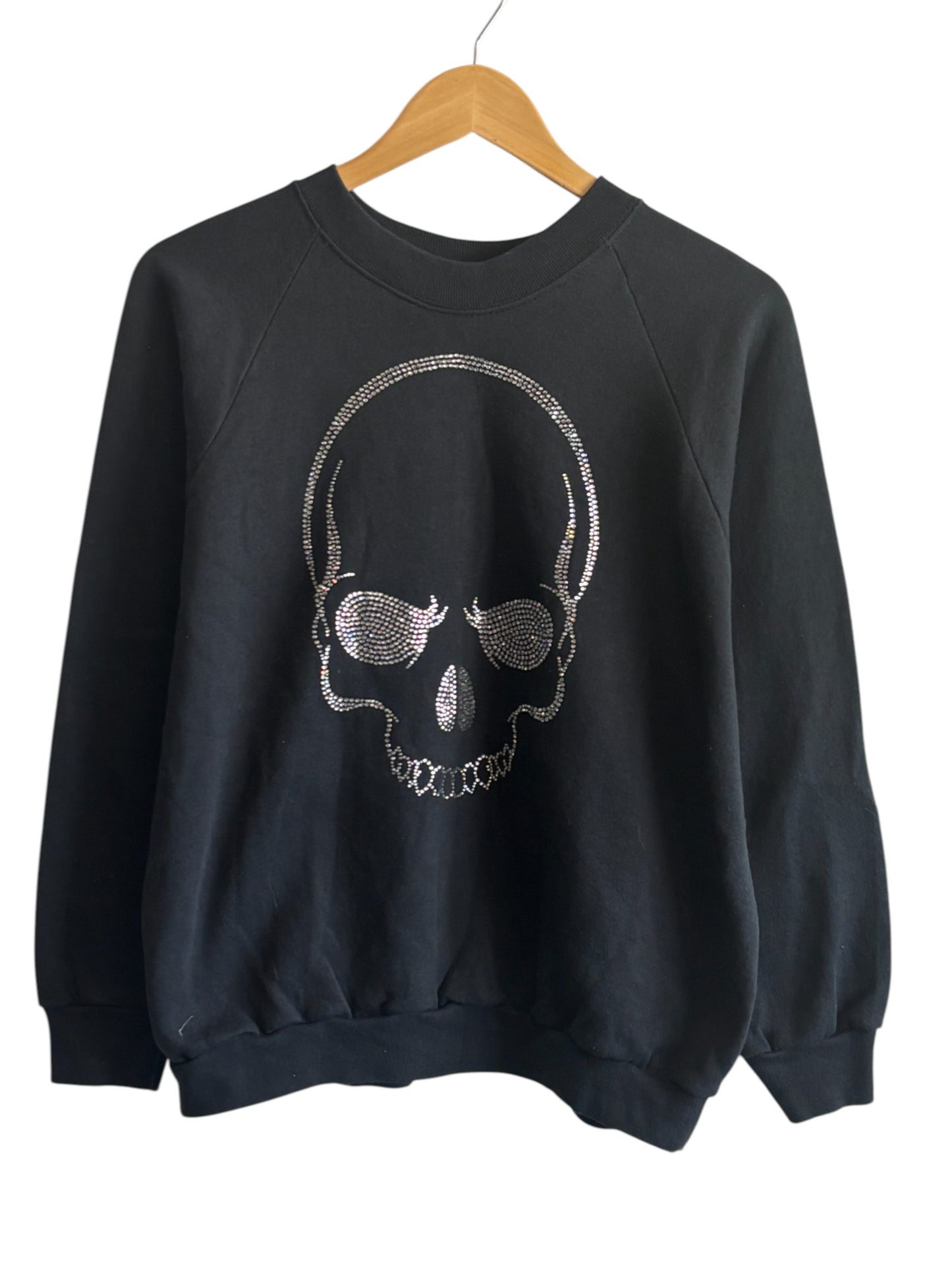 Vintage 90's Fruit of the Loom Black Bedazzled Skull Sweater Size Large