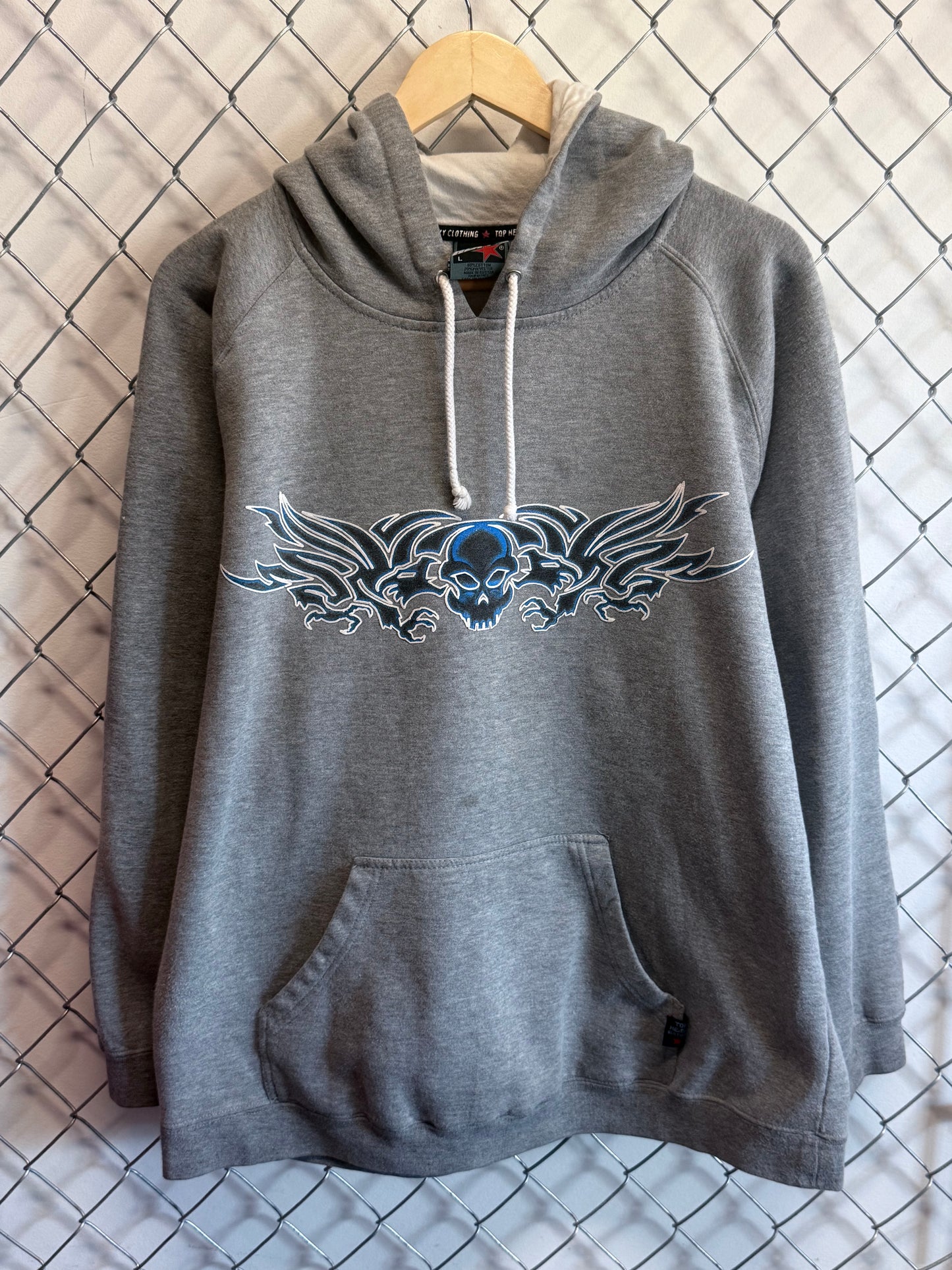 Y2k Top Heavy Tribal Art Grey Hoodie Size Large