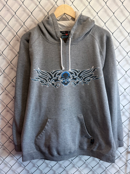 Y2k Top Heavy Tribal Art Grey Hoodie Size Large