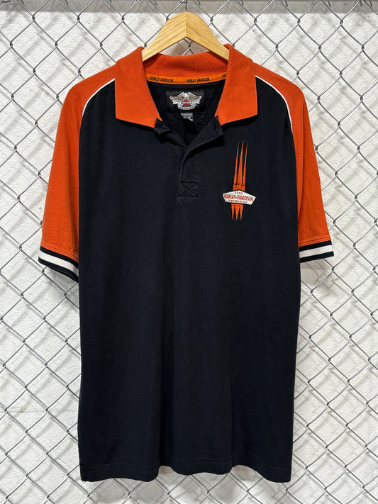 Vintage Harley Davidson Orange Black Biker Polo Shirt Size Large
