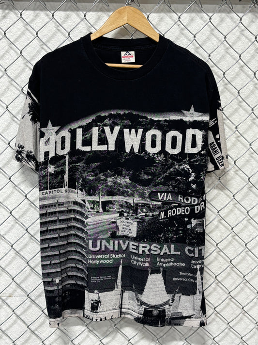 Vintage 90's Hollywood Sign All Over Print California Graphic Tee Size Large