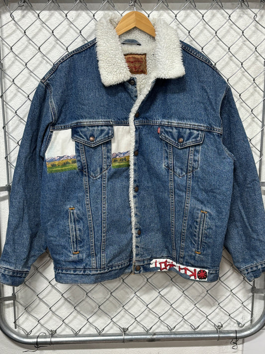Vintage 90's Levi's Sherpa Lined Painted Denim Jacket Size XL