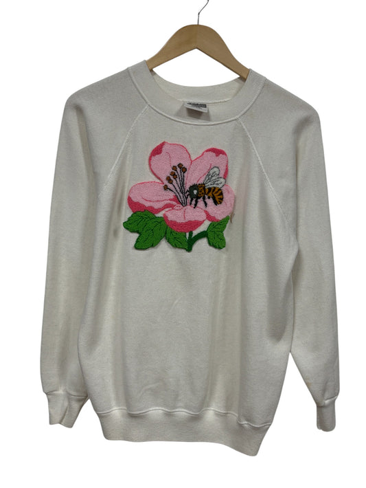 Vintage 90's Hanes Her Way Embroidered Bumble Bee Flower Sweater Size Large