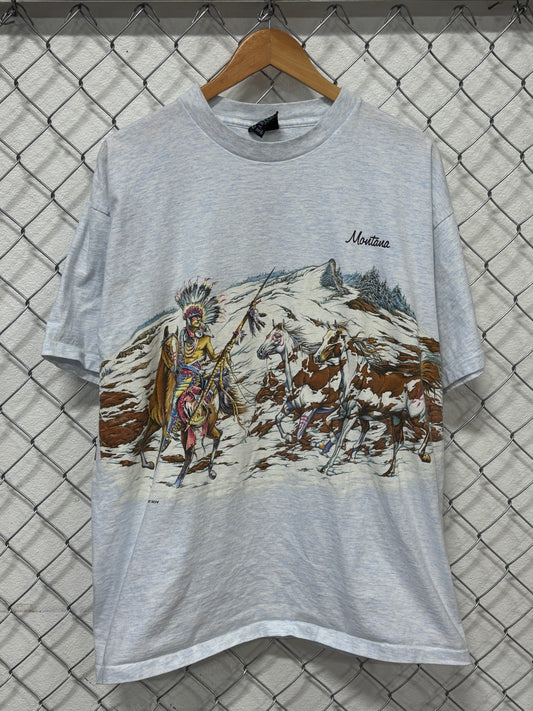 Vintage 90's Montana Native American Chief Nature Art Graphic Tee Size XL