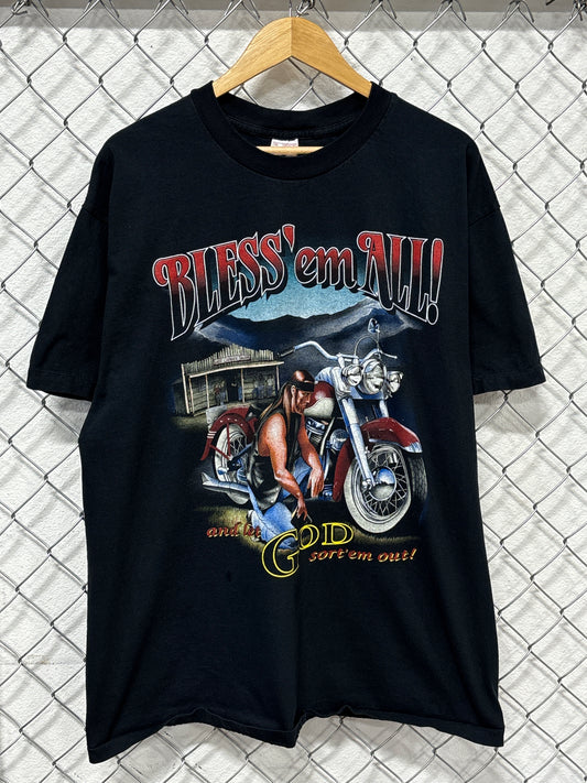 Vintage 90's Bless Em All God Sort Em Out Christian Biker Graphic Tee Size XL