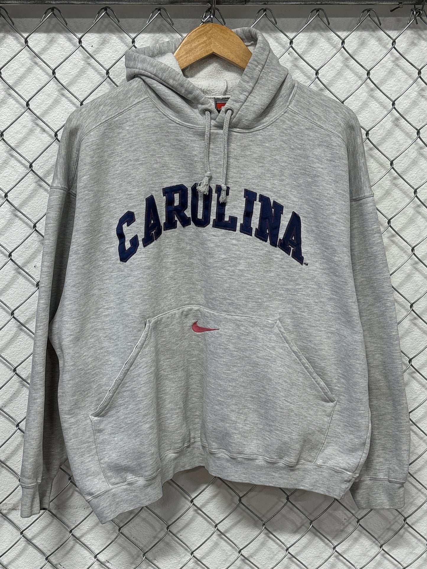 Vintage 90's Nike Carolina Spell Out Pocket Swoosh Grey Hoodie Size XL