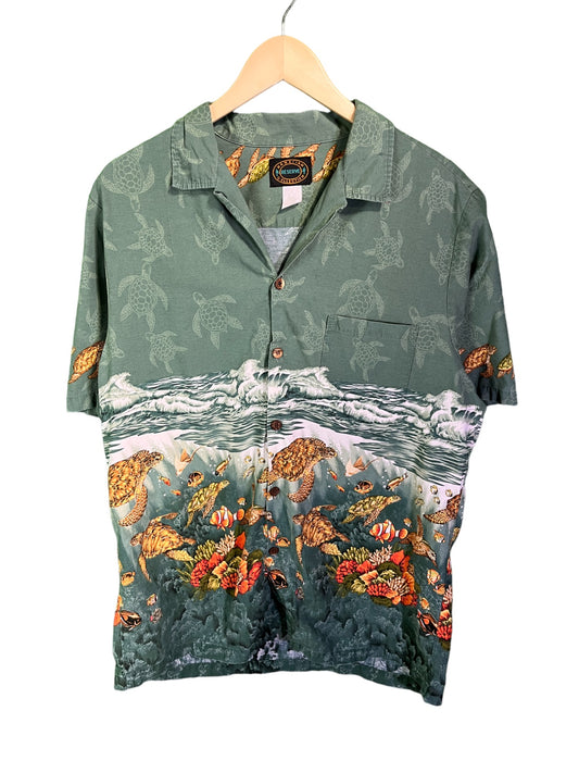 Vintage Hawaiian Vacation Shirt All Over Print Button Up Size Large