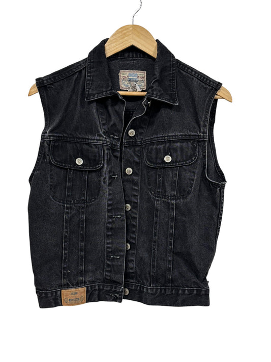 Vintage Y2K Women's Black Denim Button Up Sleeveless Jacket Size Medium