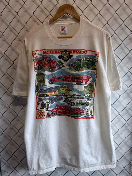 Vintage 90's American Classic Firetrucks Big Print Graphic Tee Size XL