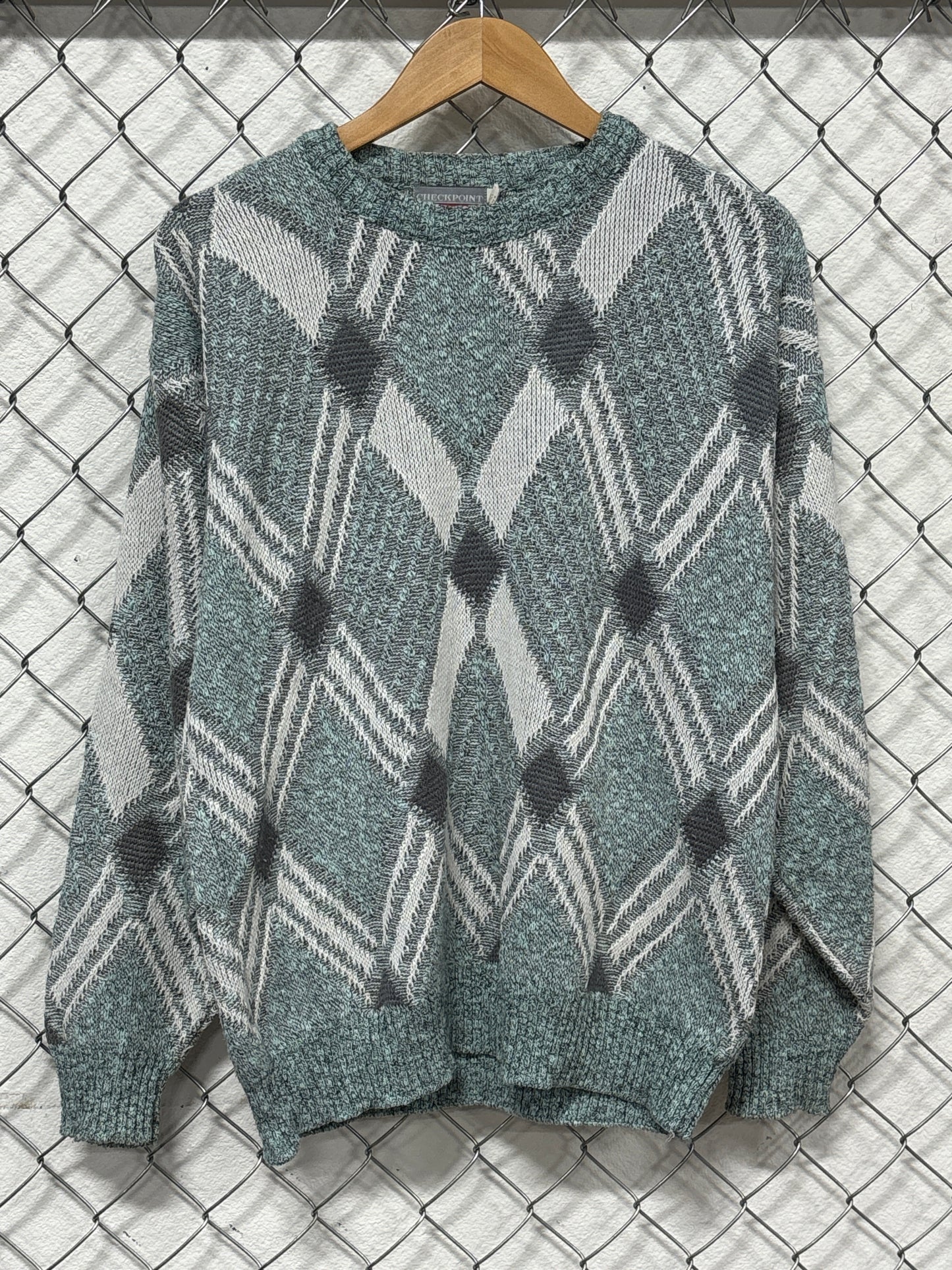 Vintage 90's Made in USA Checkpoint Blue Argyle Knit Sweater Size Medium