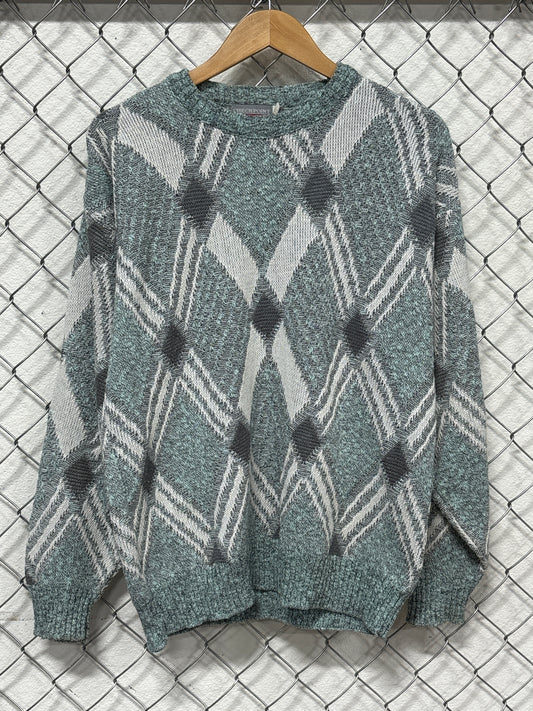 Vintage 90's Made in USA Checkpoint Blue Argyle Knit Sweater Size Medium