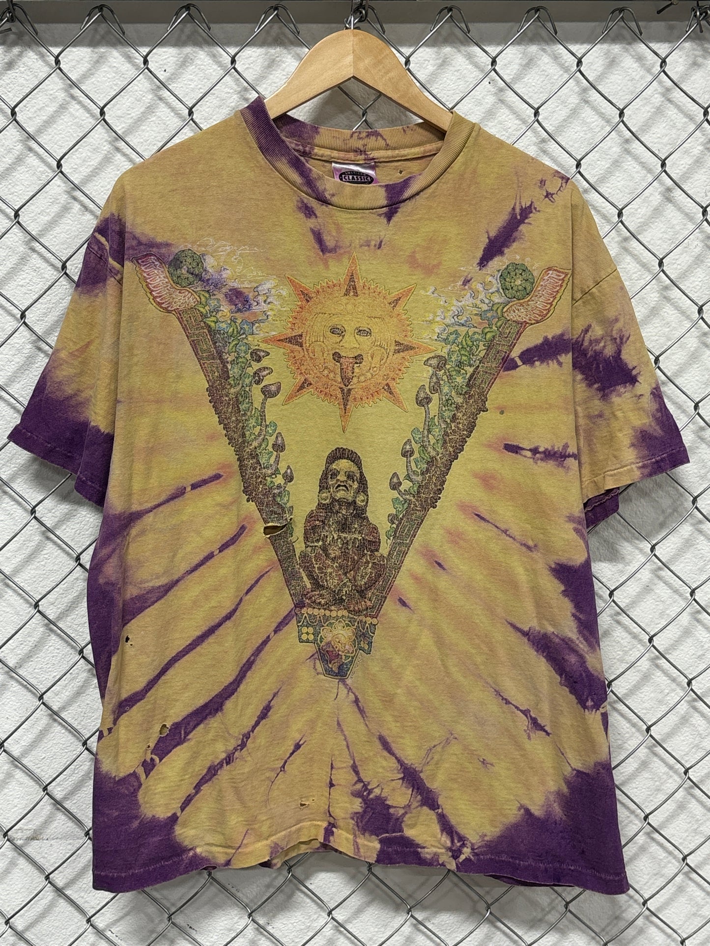 Vintage 90's Tie Dye Aztec Art Sun Graphic Tee Size XL