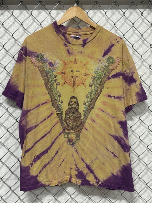 Vintage 90's Tie Dye Aztec Art Sun Graphic Tee Size XL