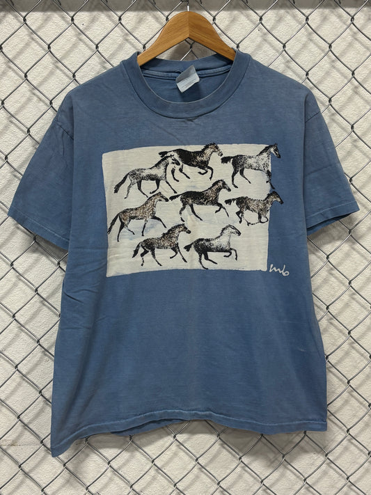 Vintage 90's Wild Horses Nature Art Graphic Tee Size Large