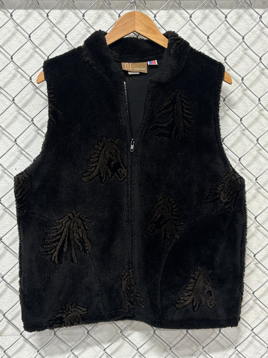 Vintage 90's Black Fleece Horses Print Zip Up Vest Size Large