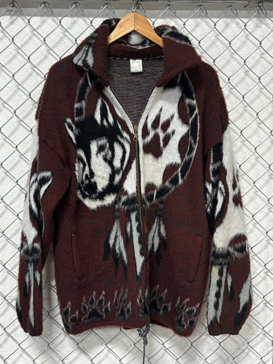 Vintage 90's Native American Spirit Animal Wolf Dreamcatcher Sweater Size Large