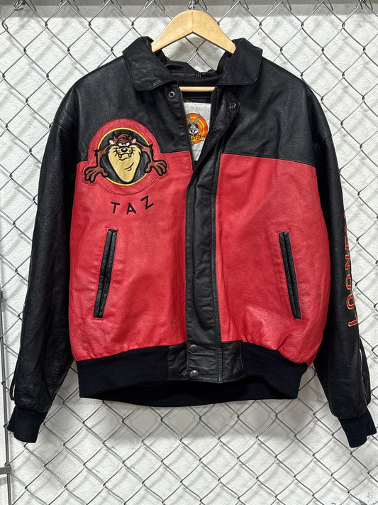 Vintage 90's Taz Looney Tunes Leather Zip Up Jacket Size Large