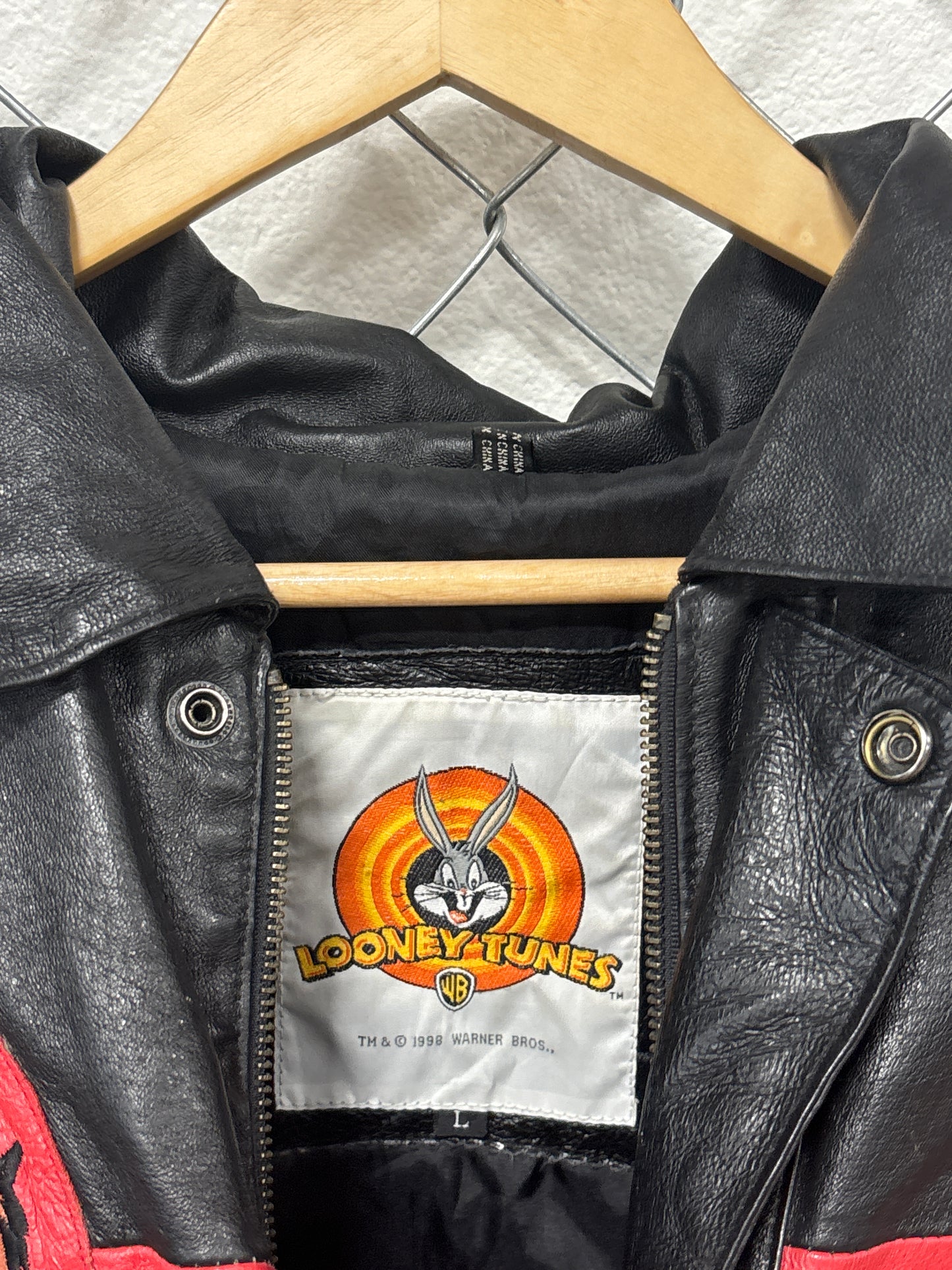 Vintage 90's Taz Looney Tunes Leather Zip Up Jacket Size Large