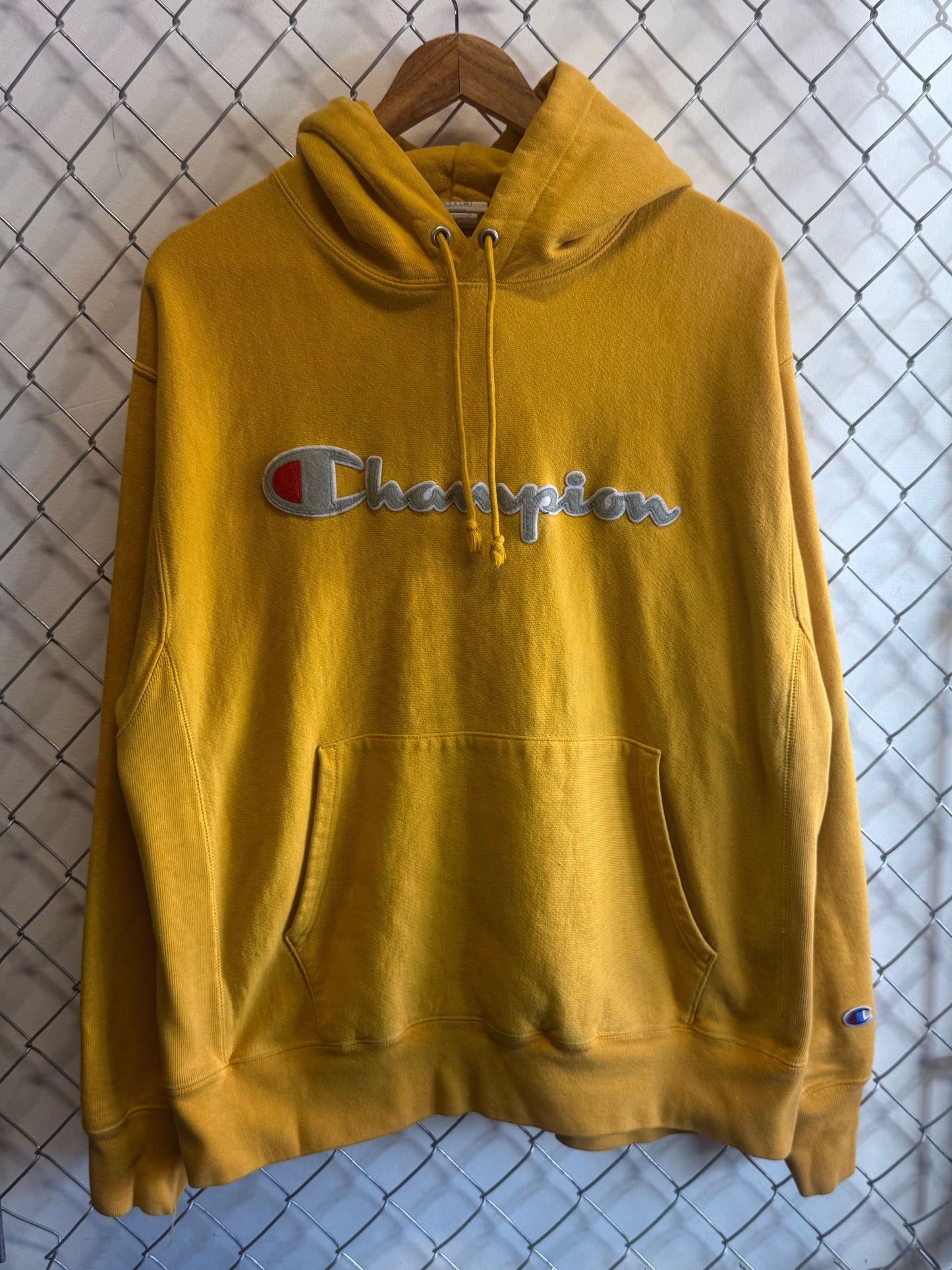 Champion Reverse Weave Yellow Spellout Hoodie Size Large