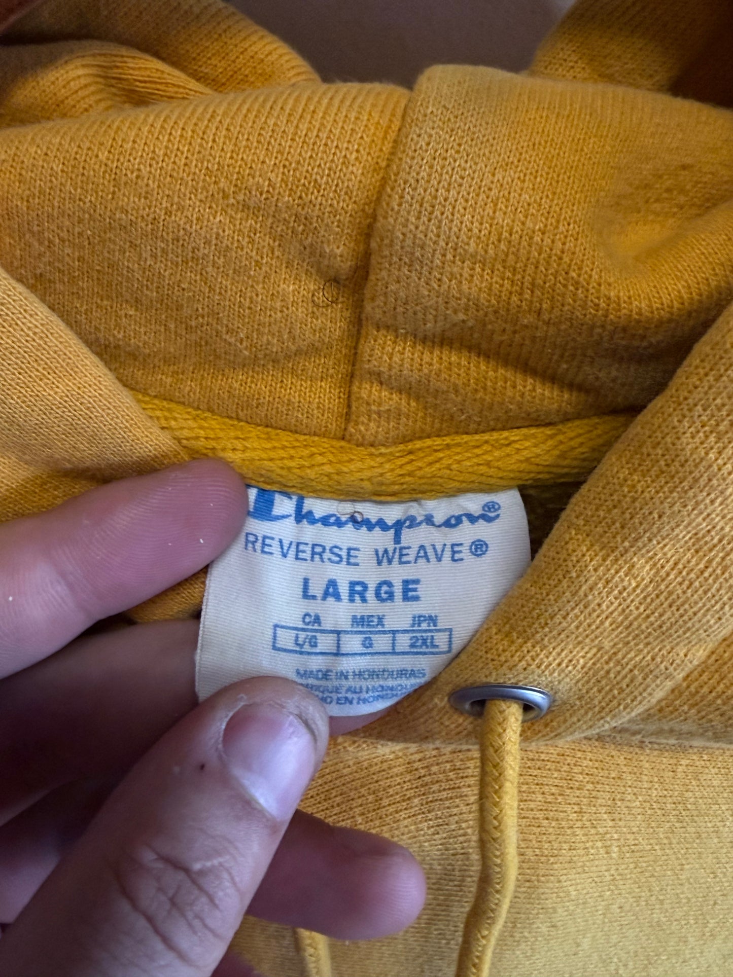 Champion Reverse Weave Yellow Spellout Hoodie Size Large