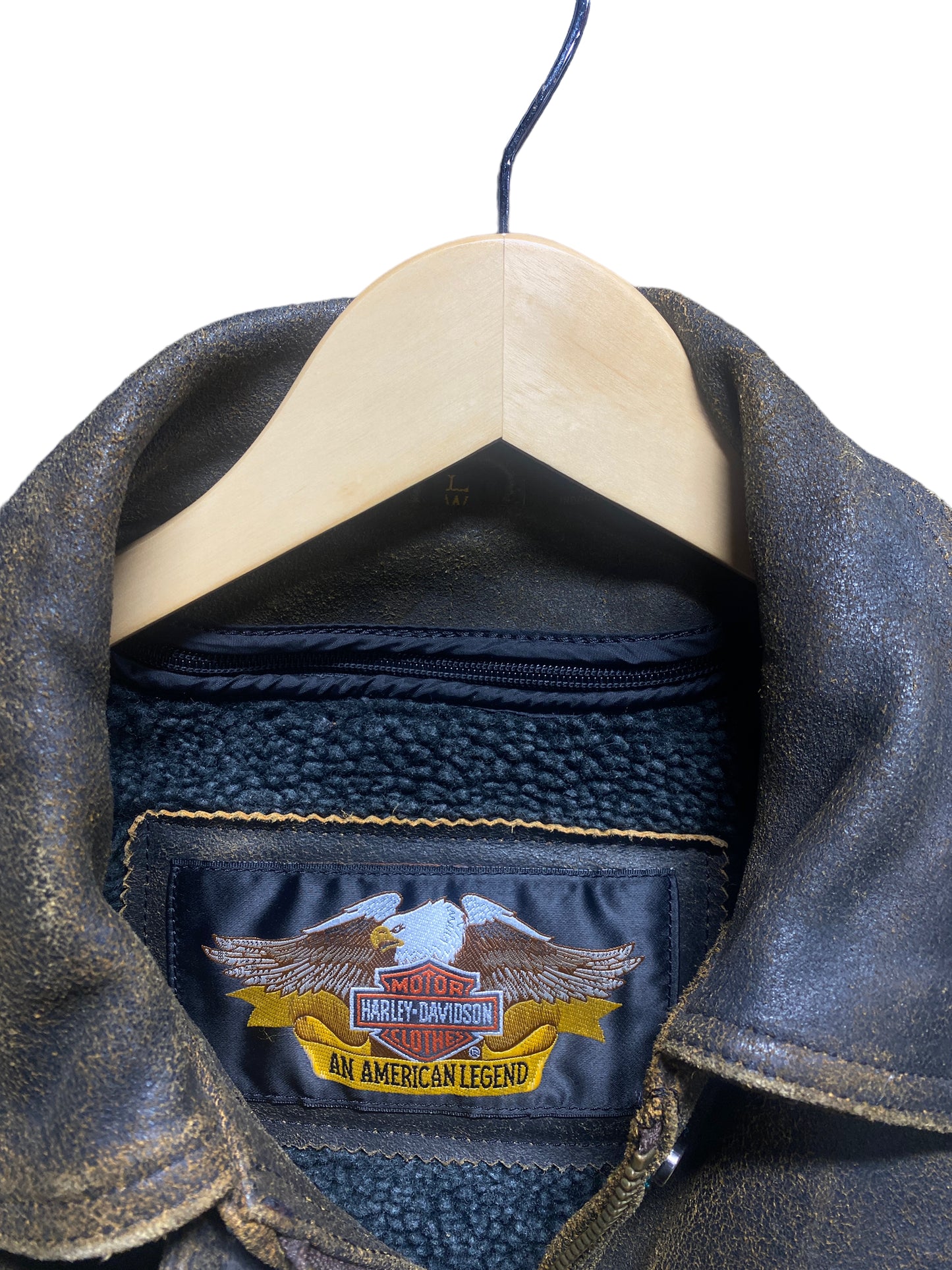 Vintage Womens Harley Davidson Rough Leather Trucker Style Jacket Sherpa Liner Size Large