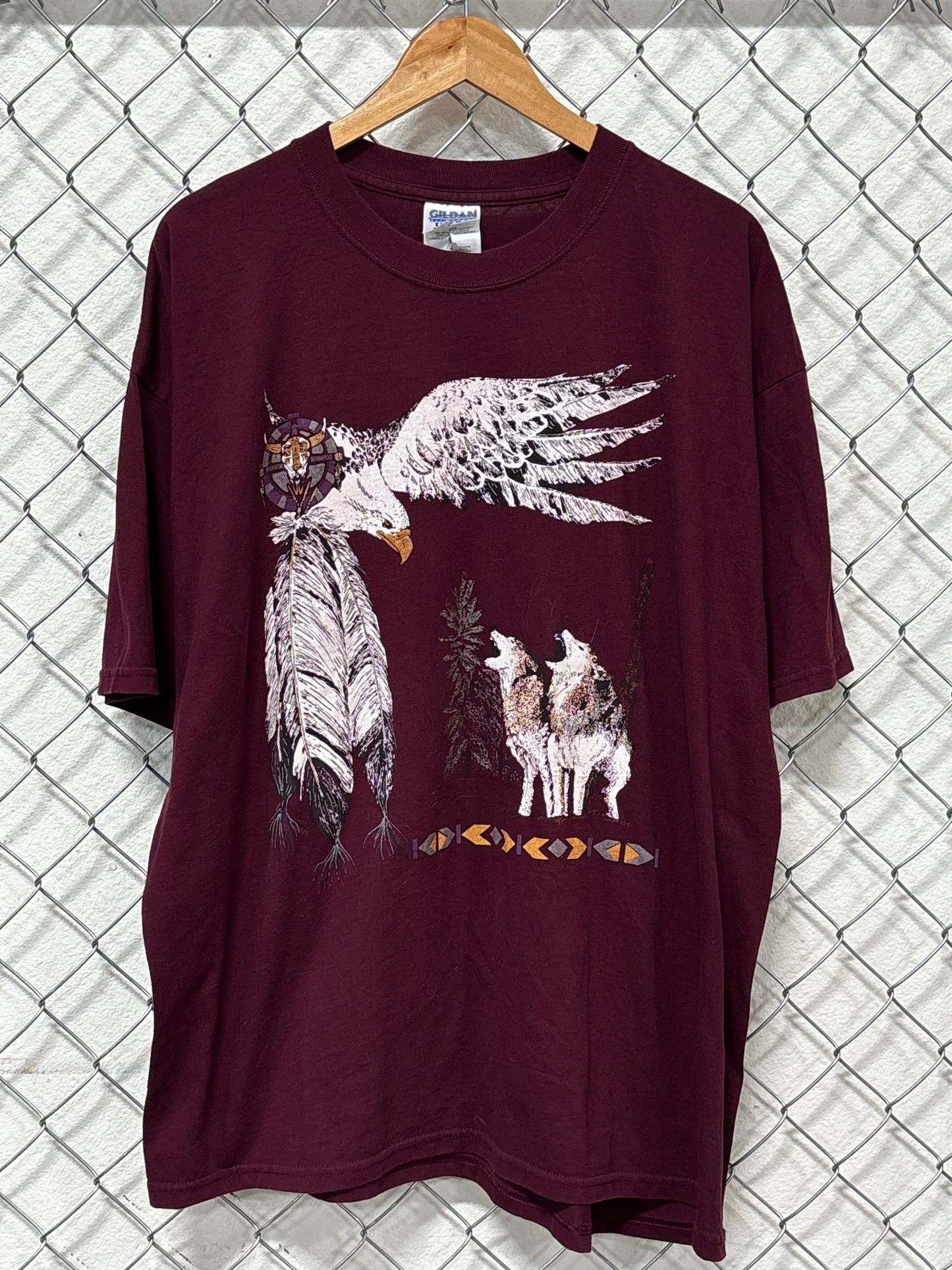 Vintage Y2K Native American Nature Wolf Eagle Graphic Tee Size XXL