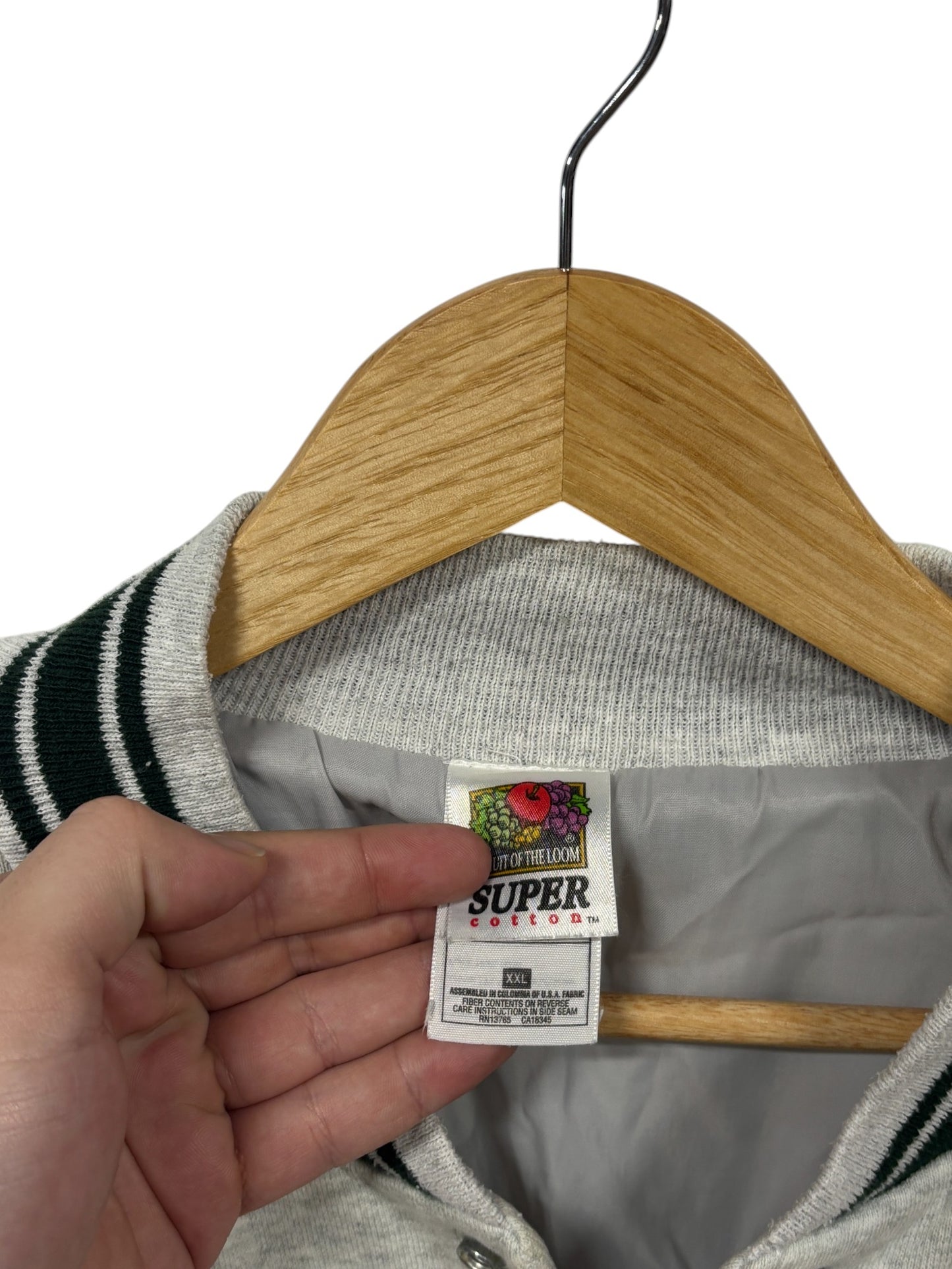 Vintage 90's Fruit of the Loom Grey Green Varsity Button Up Sweater Size XXL