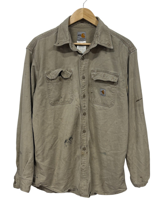 Carhartt Thrashed Khaki Button Up FR Work Shirt Size Large