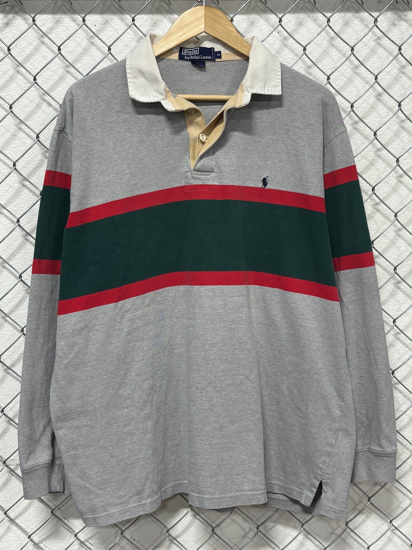 Polo Ralph Lauren Red Grey Green Striped Long Sleeve Rugby Shirt Size XL