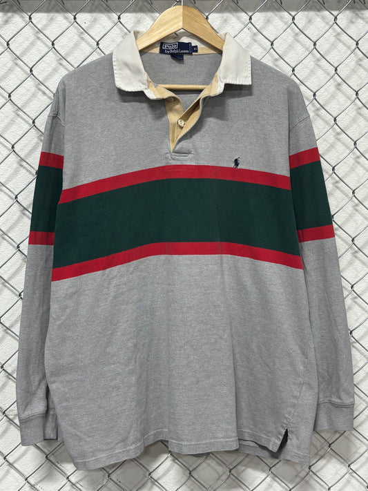 Polo Ralph Lauren Red Grey Green Striped Long Sleeve Rugby Shirt Size XL