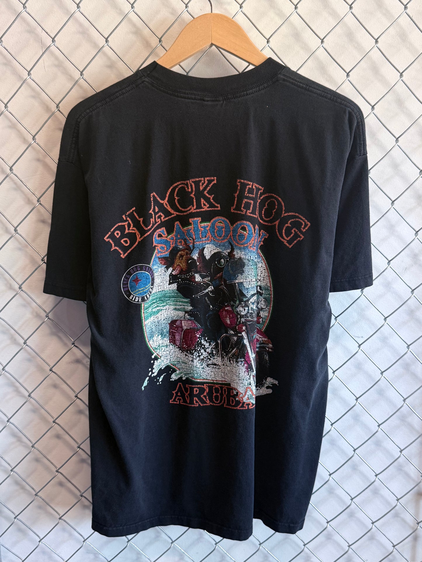 Vintage Black Hog Saloon Aruba Biker Graphic Tee Size Large