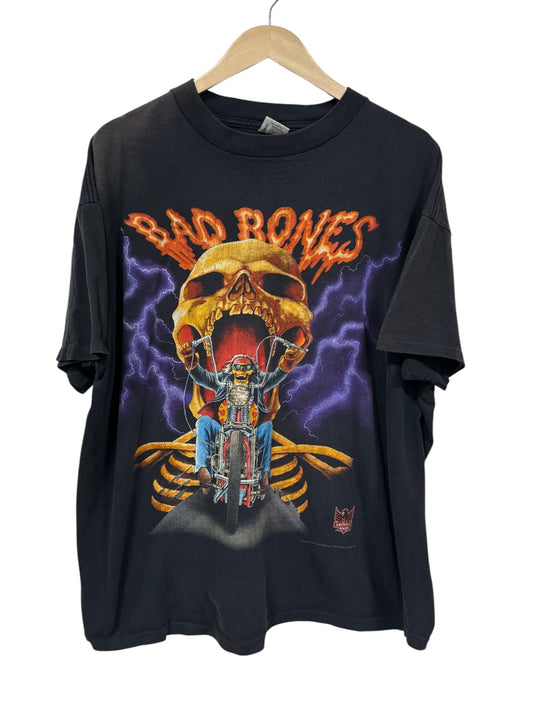 Vintage 90's American Biker Bad Bones 3D Emblem Big Print Graphic Tee Size XXL