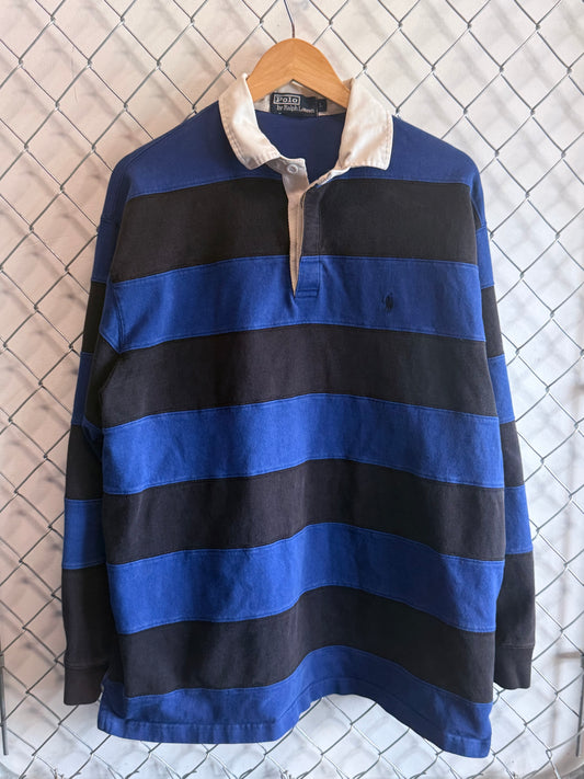 Vintage Polo Ralph Lauren Black Blue Striped Polo Rugby Shirt Size Large