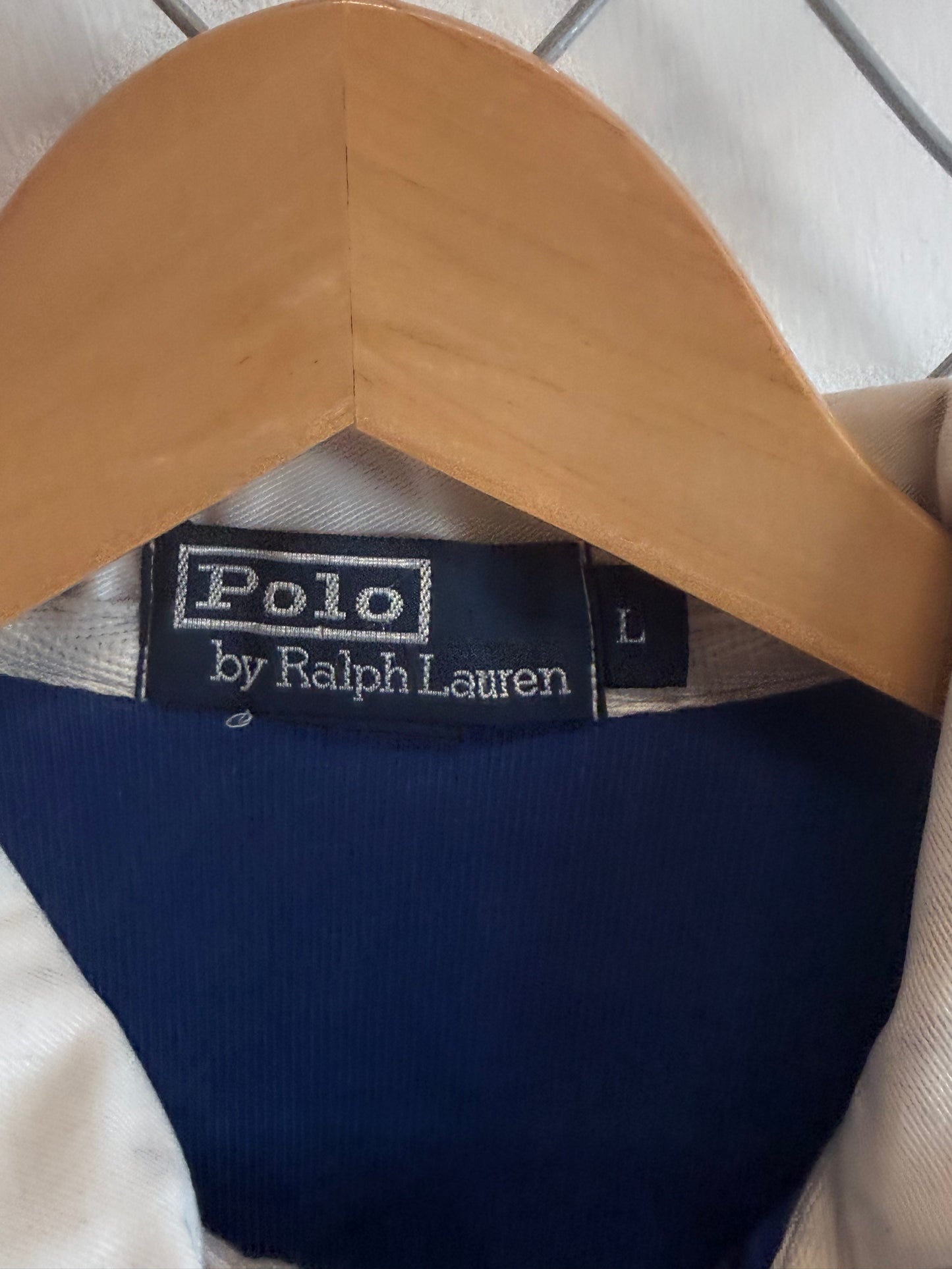 Vintage Polo Ralph Lauren Black Blue Striped Polo Rugby Shirt Size Large