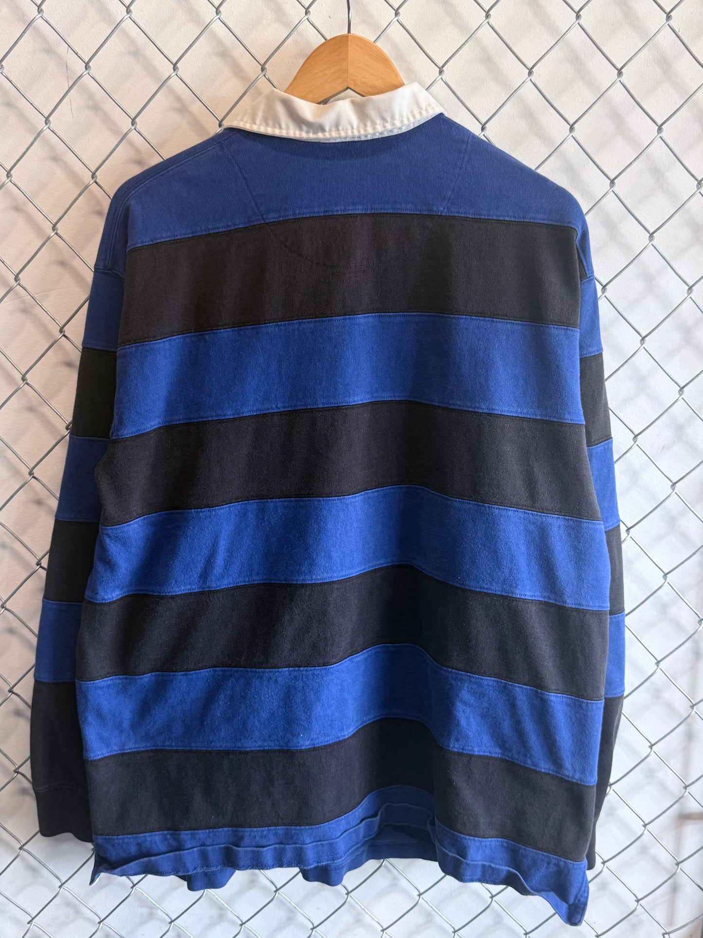Vintage Polo Ralph Lauren Black Blue Striped Polo Rugby Shirt Size Large