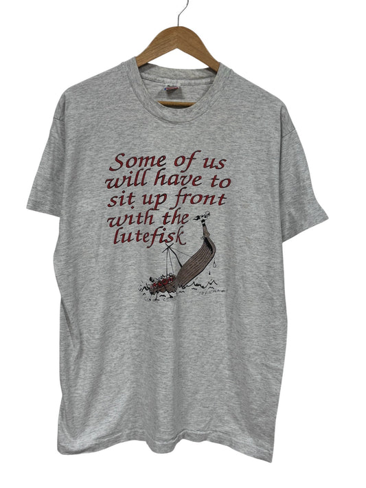 Vintage 90's Scandinavian Fishing Lutefisk Funny Graphic Tee Size XL