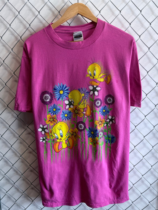 Vintage 90's Looney Tunes Tweety Bird Flowers Cartoon Tee Size Large