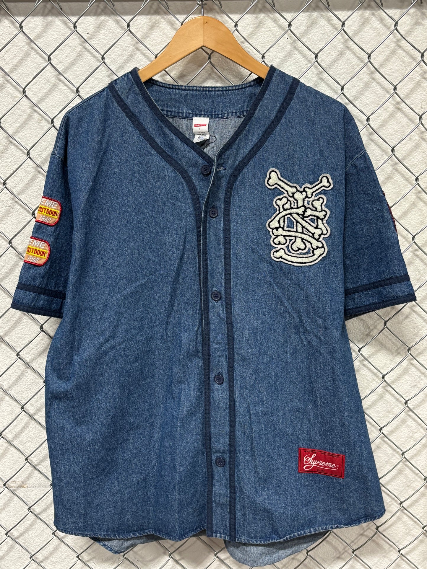 Supreme SS21 Patches Denim Baseball Jersey Shirt Size Large