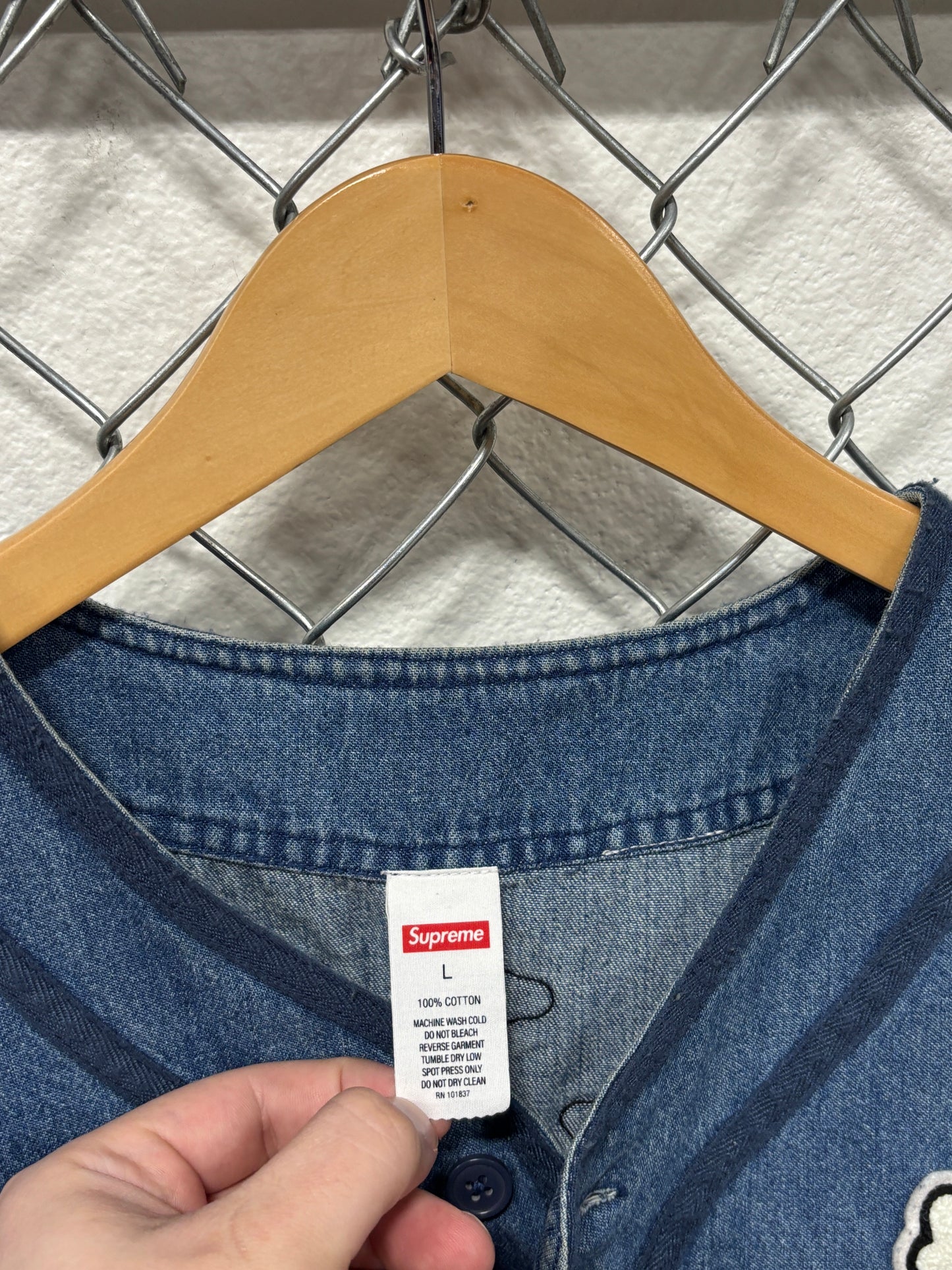 Supreme SS21 Patches Denim Baseball Jersey Shirt Size Large