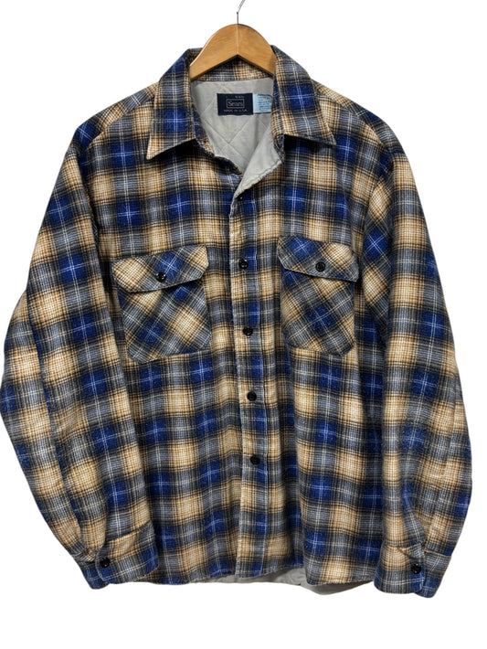 Vintage 70's Sears Plaid Checkered Flannel Button Down Shirt Size Large