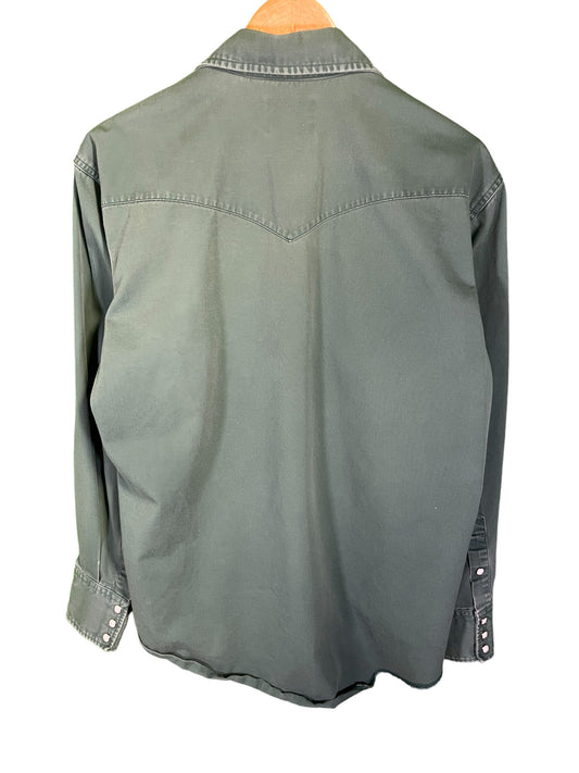 Vintage Wrangler Pearl Snap Green Brushpopper Western Shirt Size Medium