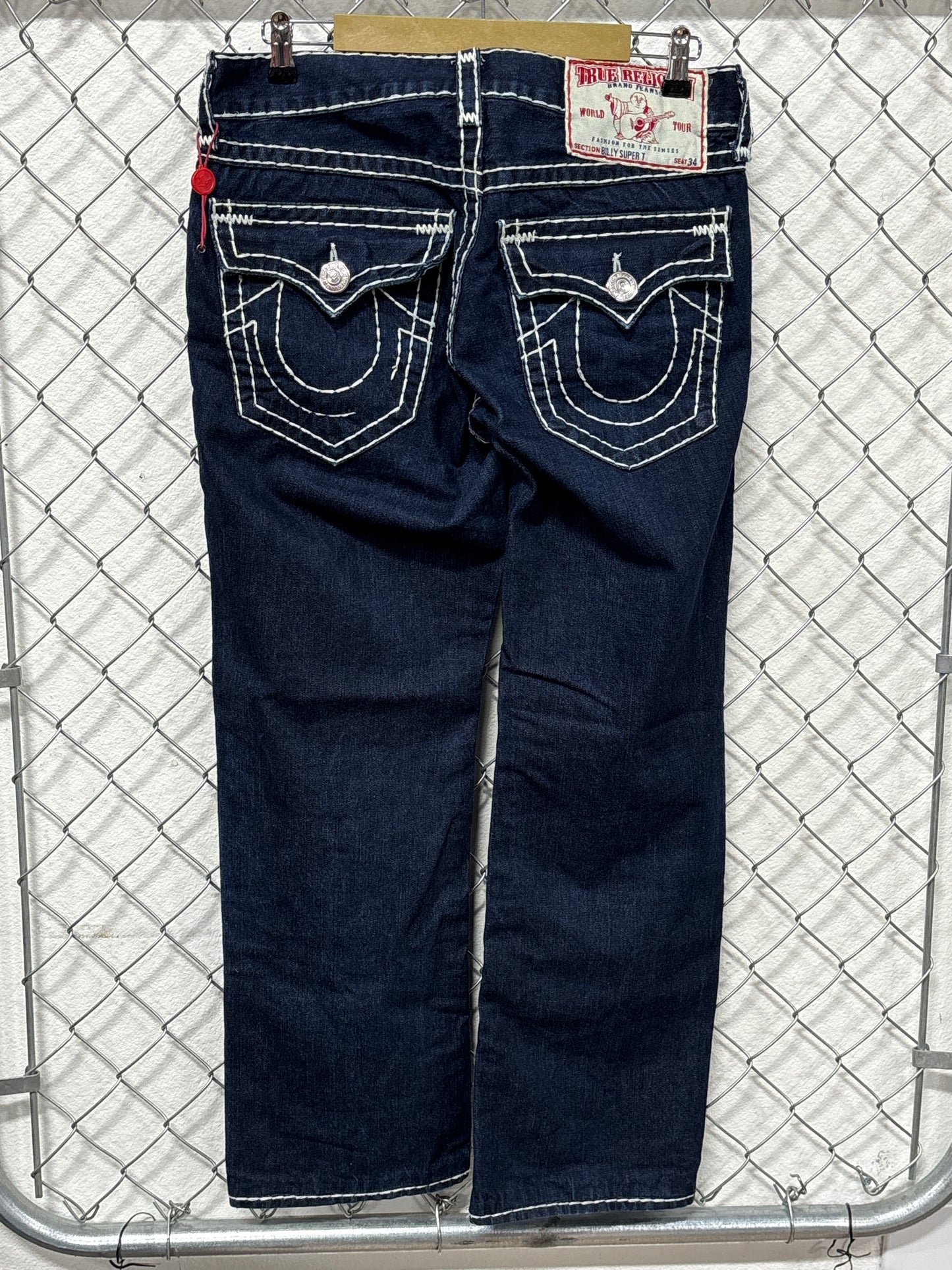 True Religion Billy Super T Dark Wash White Stitch Jeans Size 34x30