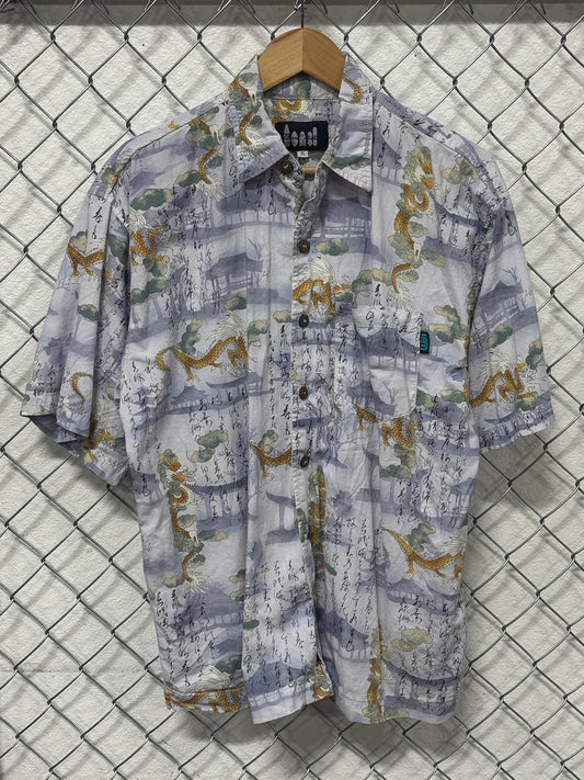 Vintage 90's Japanese Dragon Short Sleeve Button Up Shirt Size XL