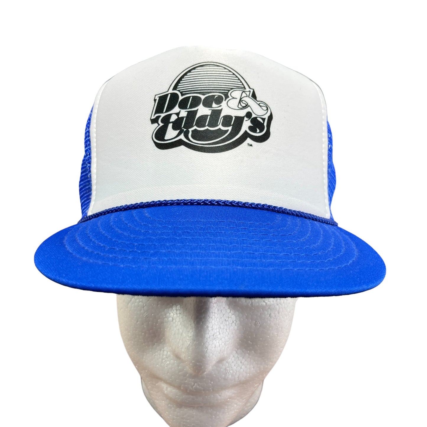 Vintage 90's Doc & Eddy's Montana Blue White Trucker Hat Snapback