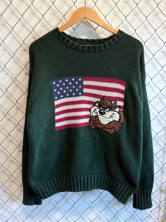 Vintage 1995 Taz Looney Tunes American Flag Knit Sweater Size Large