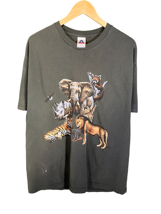 Vintage Nature Safari Lion Tiger Elephant Big Print Graphic Tee Size XL