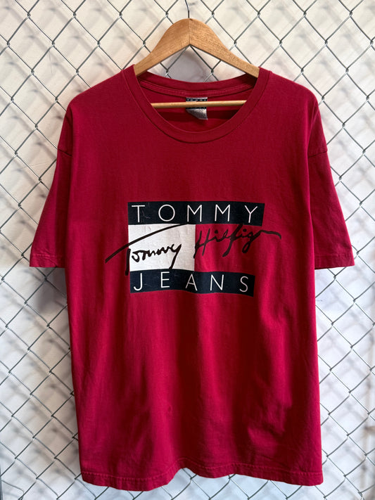 Vintage 90's Tommy Hilfiger Jeans Big Flag Logo Graphic Tee Size XL